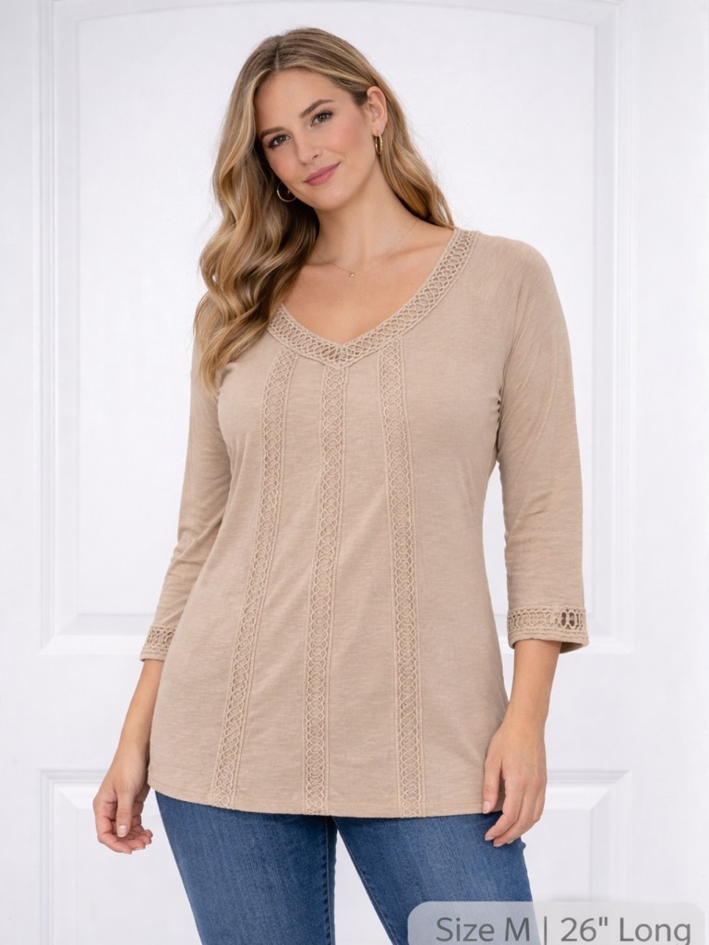 New Directions Beige Crochet Trim Tunic Top Size M NWT Boho Peasant Coastal
